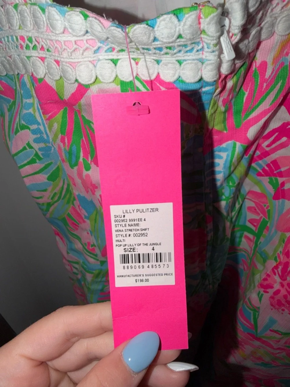 Lilly Pulitzer Pink & Teal Tropical Shift Dress with White Lace Trim - Picture 3 of 3